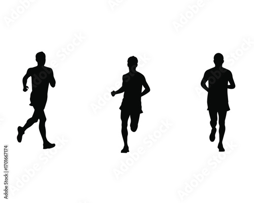 Three silhouetted male runners in motion against a stark white background showcasing athletic movement and fitness