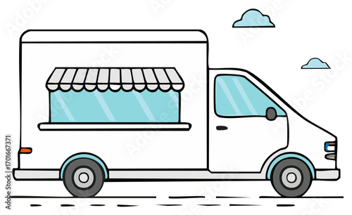 Illustration of a White Food Truck with an Awning and Two Clouds
