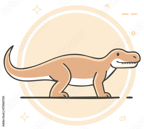 Stylized cartoon illustration of a friendly brown dinosaur with a curved tail standing against a soft peach background