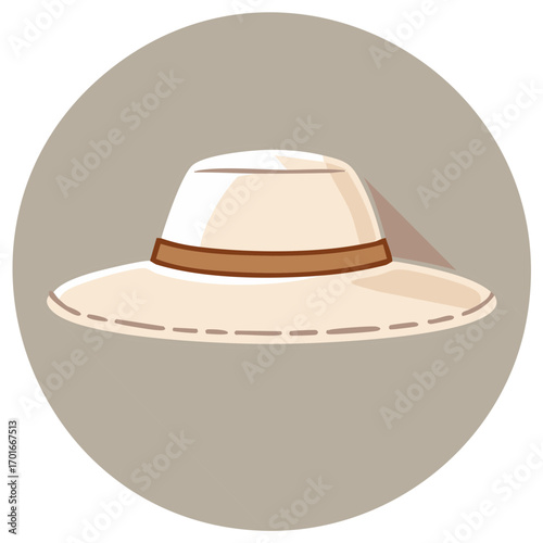 Wide brimmed sun hat icon with a simple ribbon band for outdoor sun protection