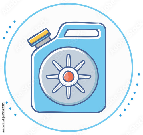 Light blue jerrycan or gas container with a unique circular design an icon or symbol