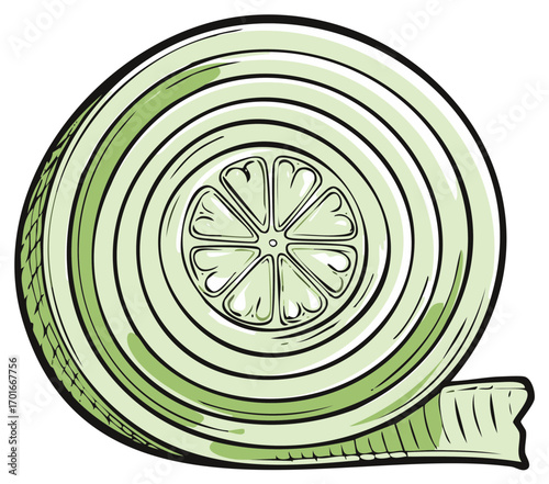 Cartoon depiction of a scroll with central fruit slice design offering an artistic illustration of a paper roll and fruit