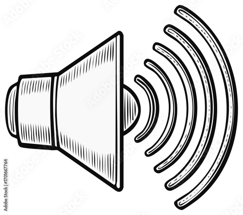 A vintage drawing of a sound speaker broadcasting with waves. Loudspeaker icon for audio or music broadcast with outline style.