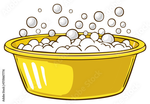 Yellow wash basin filled with foamy water and floating bubbles