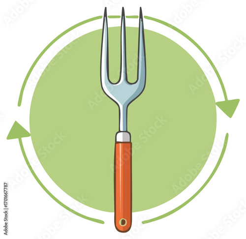 Farm to fork concept illustration with a hand drawn garden fork and circular arrows