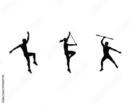 Dynamic silhouettes of three performers in action poses showcasing athleticism and martial arts movements against a white background