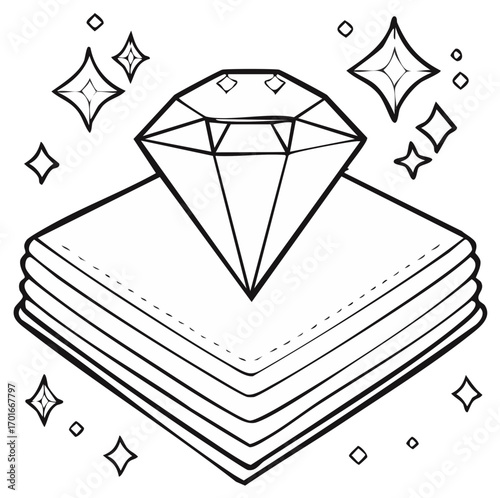 Sparkling Diamond on Stack of Handkerchiefs, Line Art Illustration, Elegance, Luxury