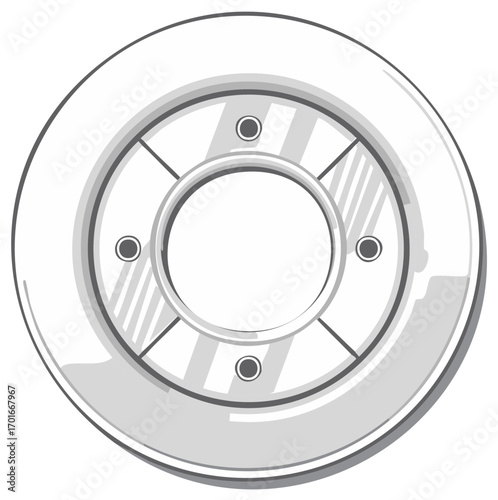 Round object with inner circle, lines, and dots in gray hues offering versatile design element