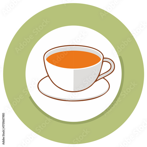 White ceramic cup filled with orange tea on a saucer inside a green circle