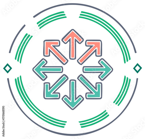 Arrows Pointing in Eight Directions within Circular Emblem Design Concept Illustration