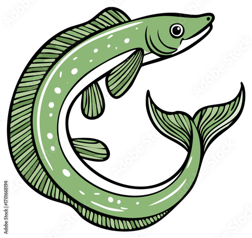 Green Eel Illustration, Cartoon, Isolated On White