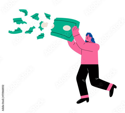 Business woman holding large dollar banknotes while losing. Deflation and inflation Concept. Flat vector illustration isolated on white background