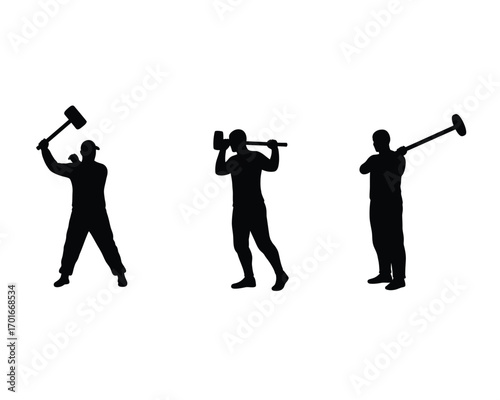 Silhouettes of three construction workers or laborers swinging sledgehammers in dynamic poses against a white background