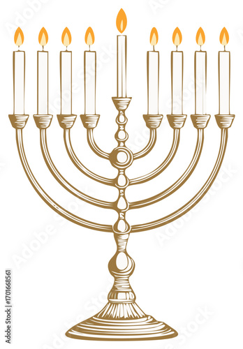 Golden Menorah with Seven Burning Candles and a Shamash Candle Symbolizing Light and Tradition