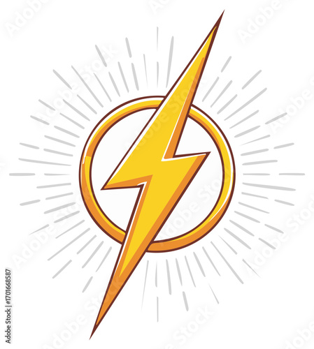 Stylized Yellow Lightning Bolt with Energy Rays Emanating from the Edges within a Circle