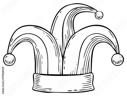 Black and white illustration of a traditional jester hat with hanging pom-poms and a flat base