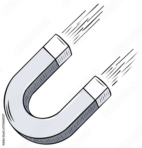 Hand drawn cartoon horseshoe magnet with magnetic attraction lines