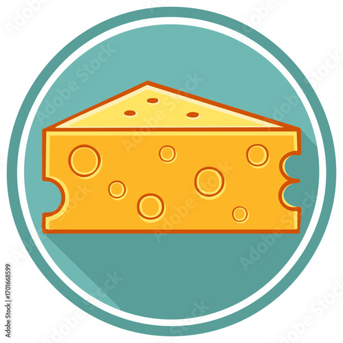 Cartoon cheese piece icon, food vector illustration with shadow effect in a turquoise circle
