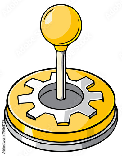 Bright yellow joystick with a cogwheel base for gaming or industrial control illustration