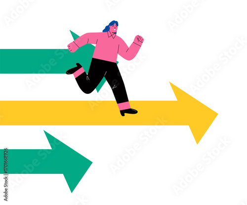 Road to success. Business woman running along arrow. Flat vector illustration isolated on white background