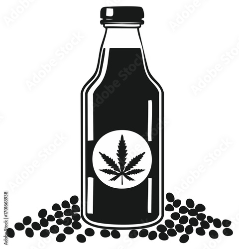 Cannabis Drink Bottle Illustration with Seeds Simple Minimalist Design Black and White