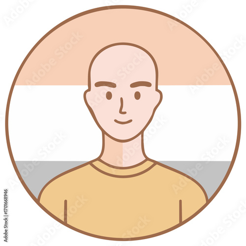 Illustration of a bald man within a brown circle and the background