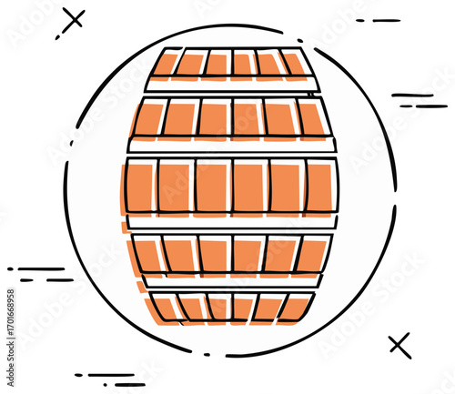 Doodle style illustration of a wooden barrel for aging wine or whiskey in a cellar
