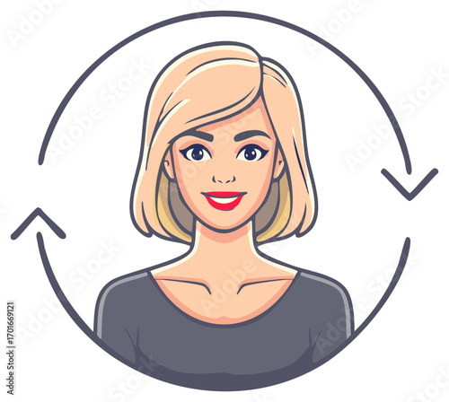 Stylized illustration of a smiling blonde woman with a circulating arrow symbol representing change or process.
