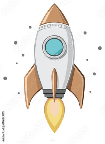 Retro rocket ship blast off with flame and exhaust against starry background