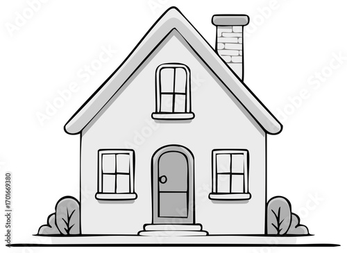 Simple Cartoon House with Chimney, Windows, and Door in Gray Scale Design