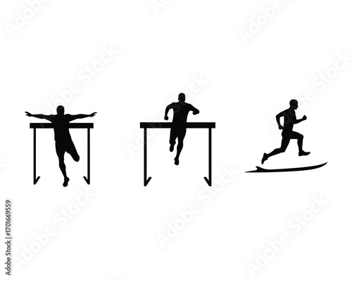 Silhouette of three male athletes competing in a hurdles race showcasing dynamic movement and athletic prowess in a track and field event