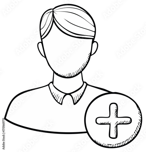 Sketch of a person with a plus symbol for adding or new profile icon