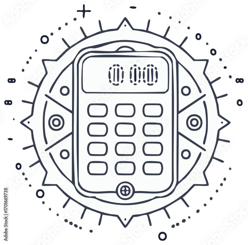 Illustrated calculator inside a decorative sunburst frame with modern art style