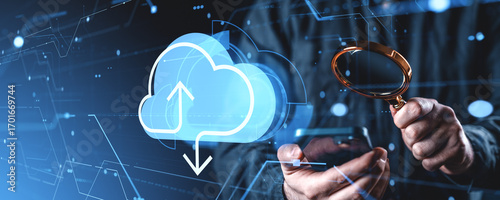 Cloud storage security concept with magnifying glass, data upload and download icons, and digital interface on blue background.