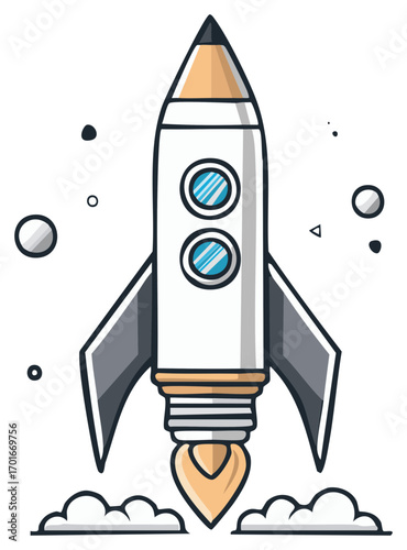 Creative pencil rocket launching into space illustration for startup education and innovation concepts