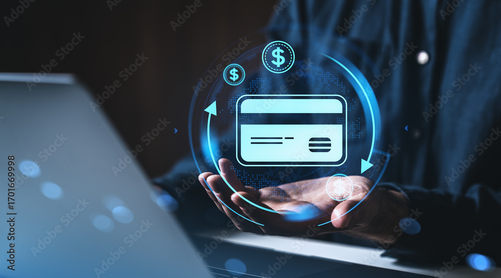 Fototapeta premium Digital concept of credit card payment and online spending over hands and laptop.