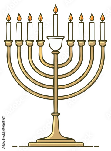 Golden Menorah with lit candles symbolizing Hanukkah holiday celebration and traditions
