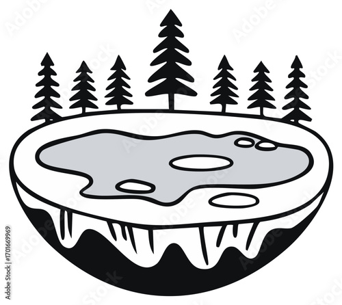 Stylized pond in the forest illustration in black and white with evergreens above and stalactites below the water line
