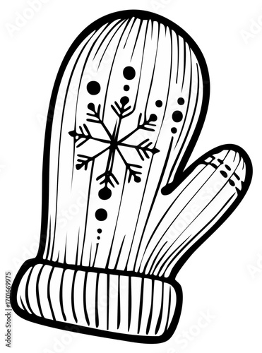 Winter mitten with snowflake design and ribbed cuff in black and white line art