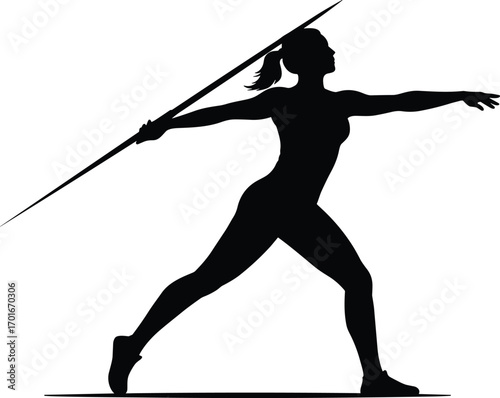 Silhouette of female athlete throwing javelin, training in sports competition, Olympic games preparation, fitness strength and dynamic body movement illustration.