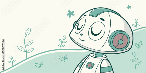 A happy little robot enjoying the calm and peaceful nature around it