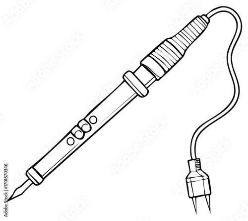 Line drawing of a soldering iron tool with a power cable and plug