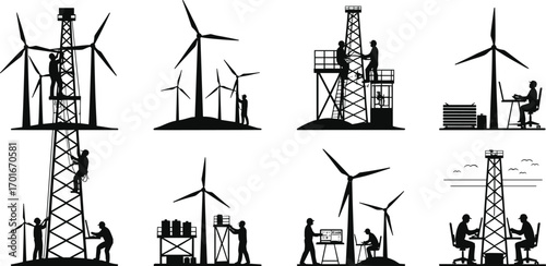 PrintSilhouette illustration of wind turbine maintenance workers, engineers, energy technicians, power tower repair, renewable energy system monitoring, sustainable electricity generation.
