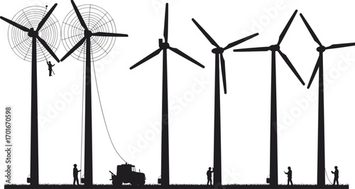 PrintSilhouette illustration of wind turbine maintenance workers performing repair, inspection, and safety operations on renewable energy wind farm power station.