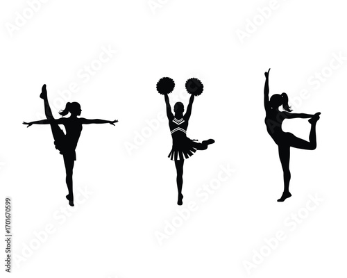 Three dynamic black silhouettes of female cheerleaders performing athletic dance moves and poses against a white background