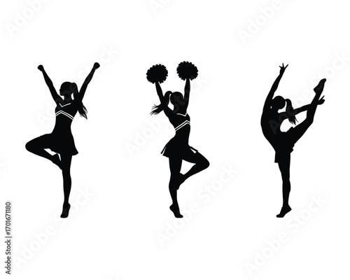 Dynamic silhouettes of three cheerleaders in action poses demonstrating athleticism and team spirit