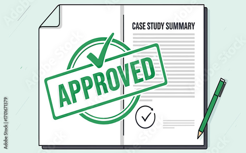 Approved Case Study Summary with Check Mark and Green Stamp Design
