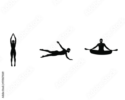Three distinct black silhouette figures performing different yoga poses on a clean white background illustrating movement and balance