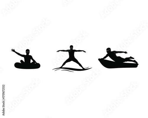 Silhouette of a person enjoying water sports including tubing surfing and riding a jet ski on a white background