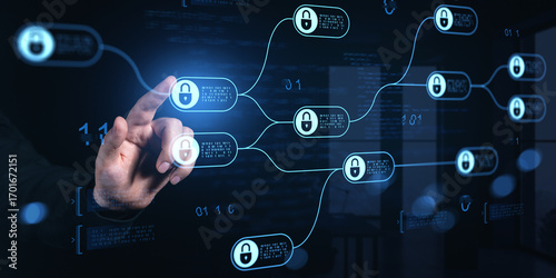 Tableau sur toile Cybersecurity network chain with digital padlocks and binary code, showing futuristic data protection concept on dark technology interface background